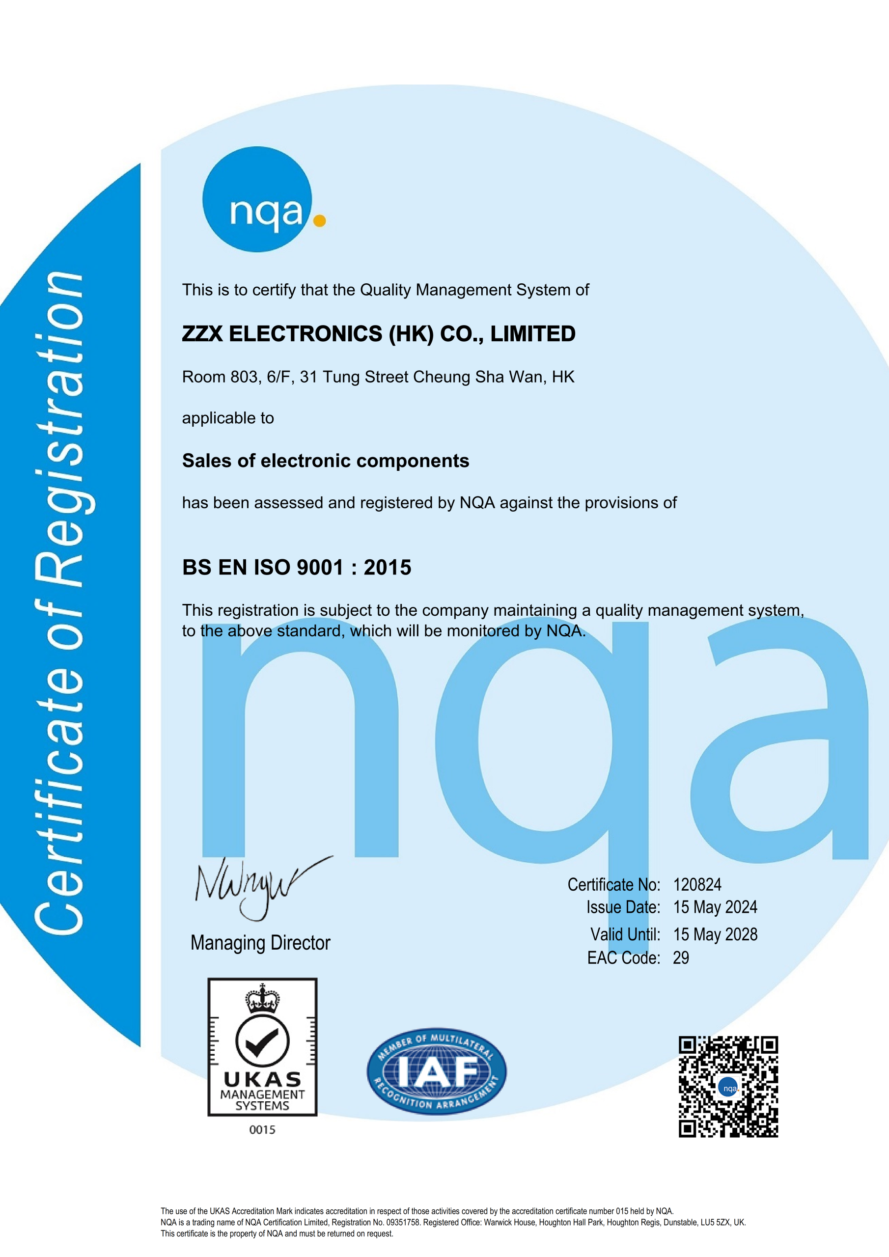 ISO 9001 Quality Management Certificate - ZZX ELECTRONICS (HK) CO., LIMITED