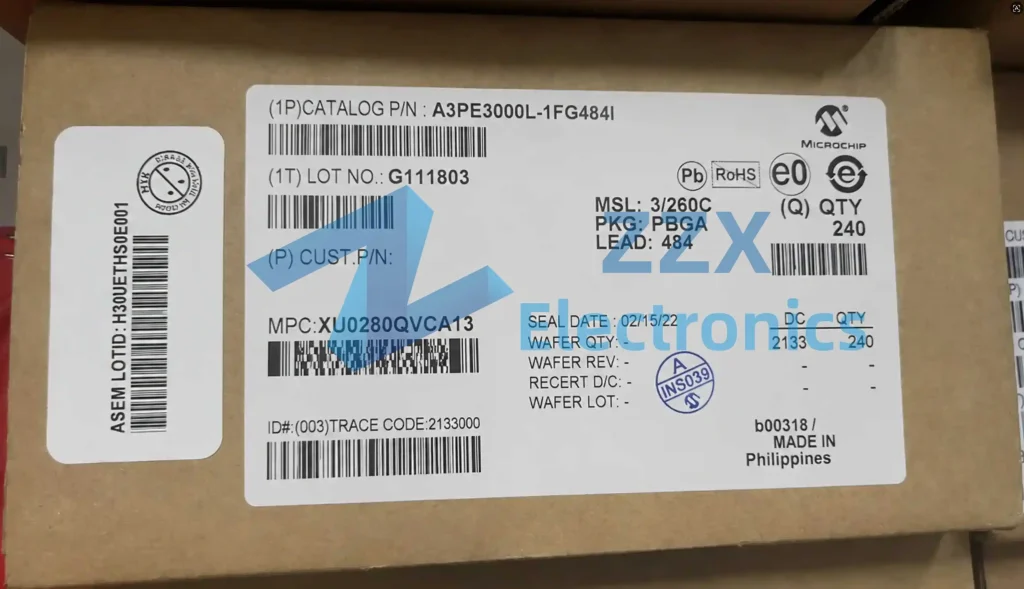 a3pe3000l-1fg484i-microchip-label-details A3PE3000L-1FG484I Microchip label showing lot G111803, date code 2133, MSL 3/260C
