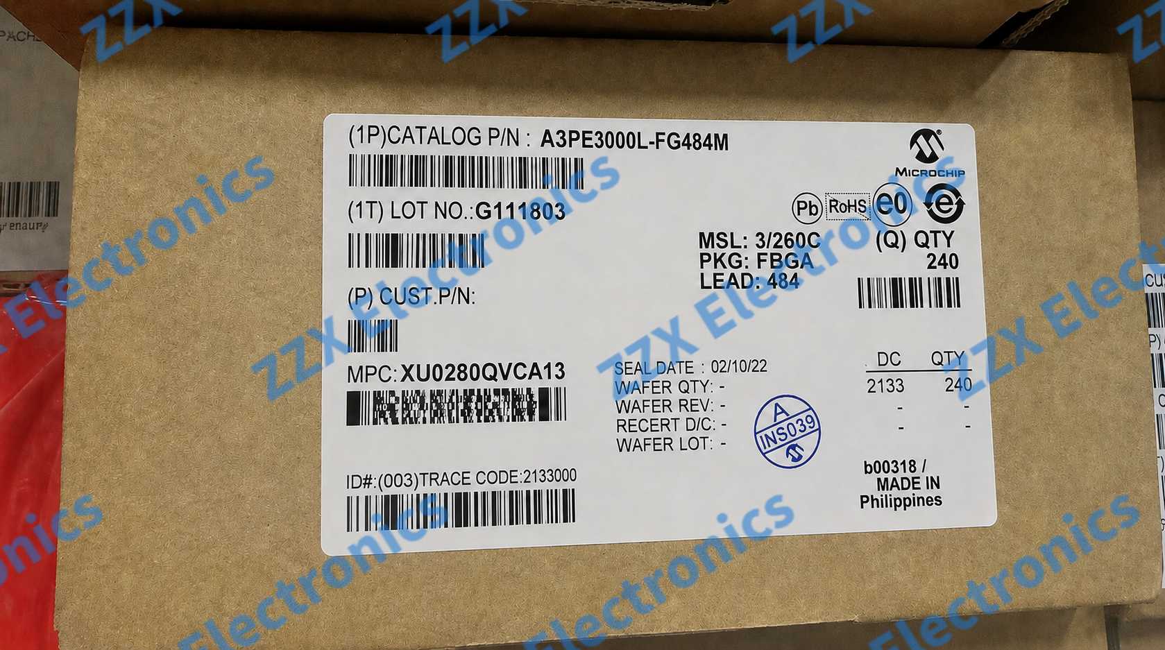 ProASIC3E FPGA sourcing: Microchip A3PE device label showing part marking and date code