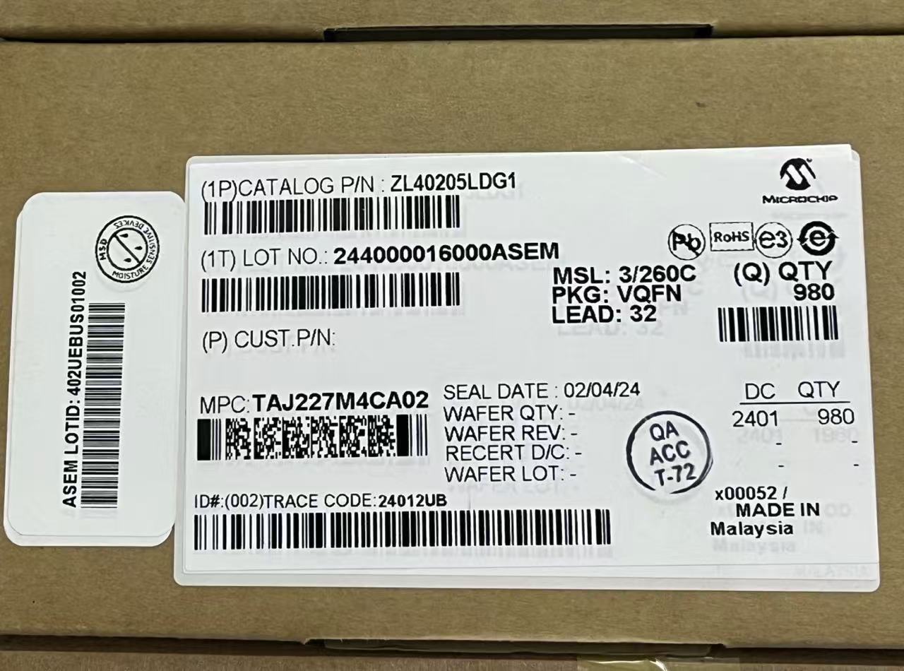 Manufacturer label close-up showing lot number and date code for component traceability