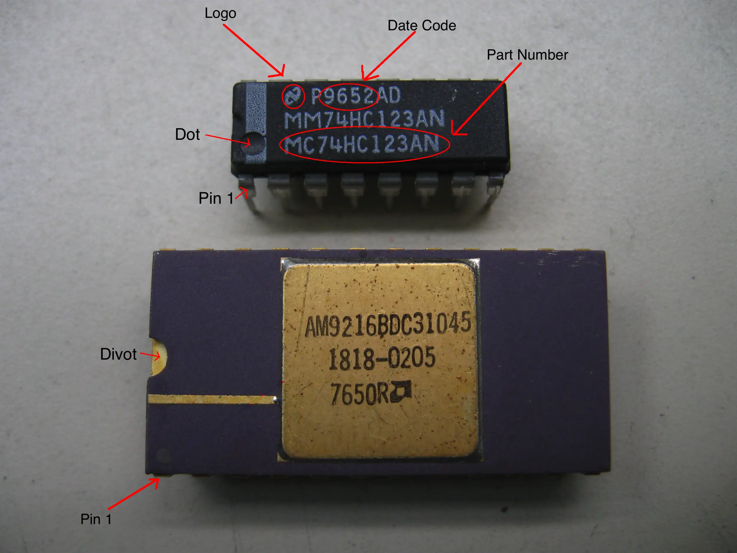 Genuine laser-ablated top-side marking on an IC, magnified