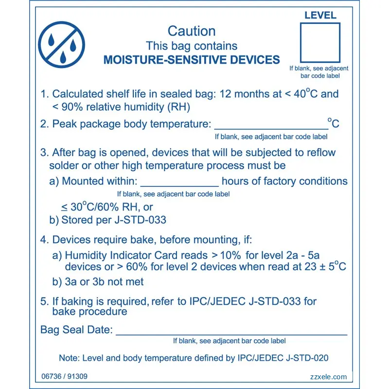 MSL label close-up showing moisture sensitivity level and peak reflow temperature