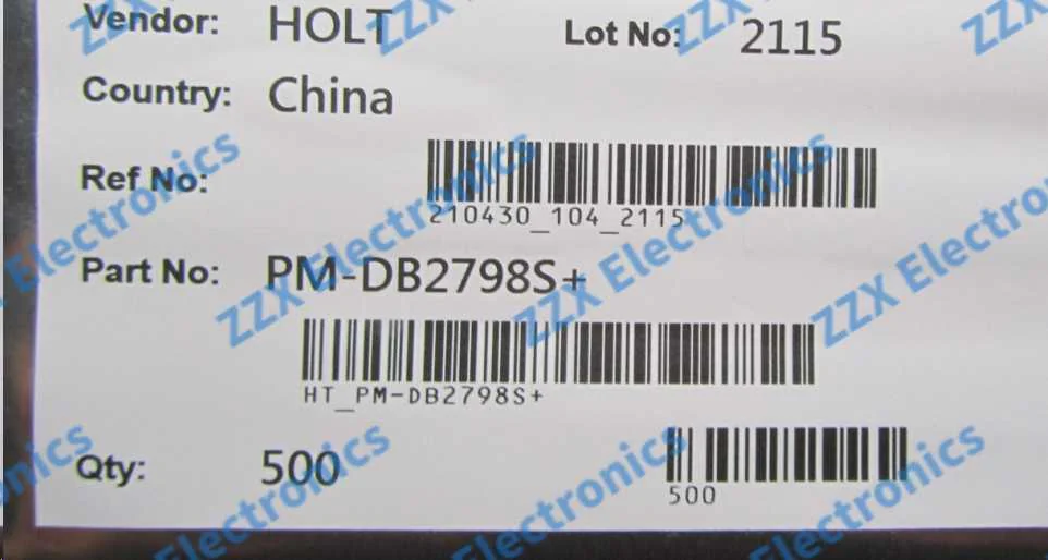 PM-DB2798S+ original Holt packaging label showing lot 2115, country of origin China, quantity 500 pcs per box