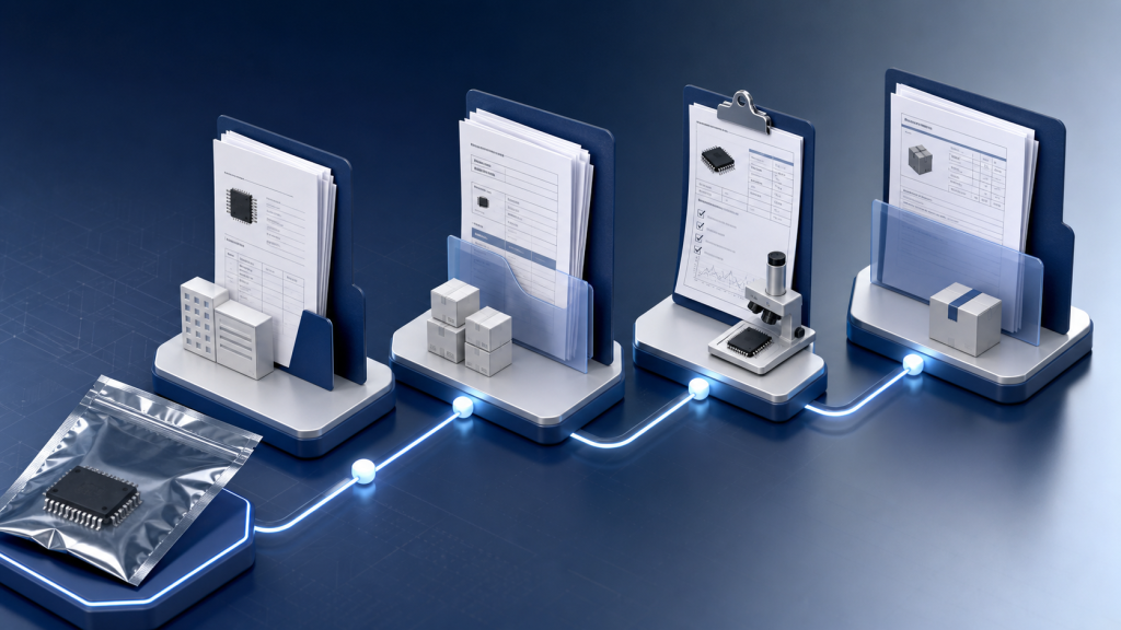Electronic component chain of custody from source documentation through inspection and shipment records