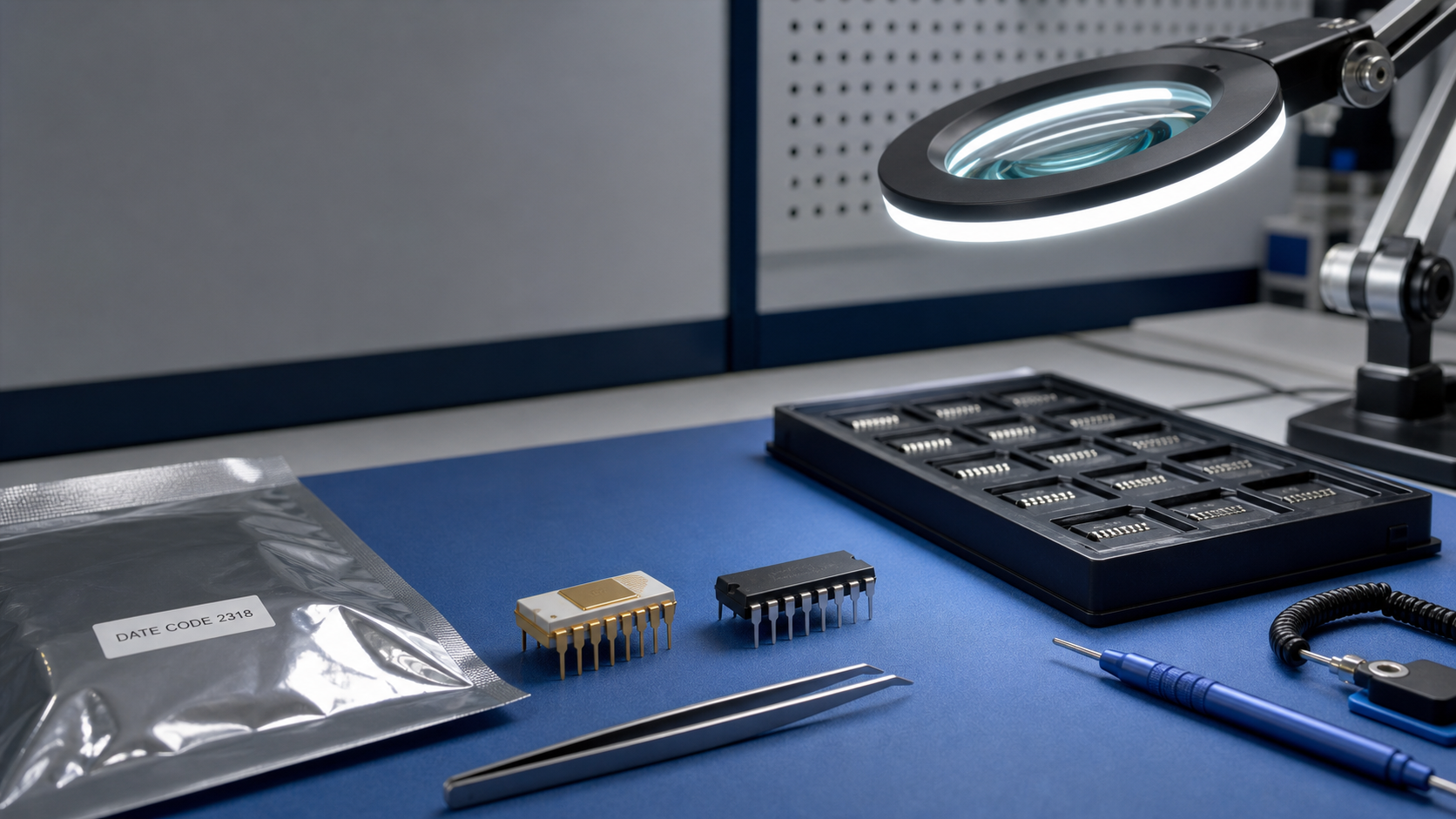 Legacy electronic components with date-code packaging prepared for storage and authenticity inspection
