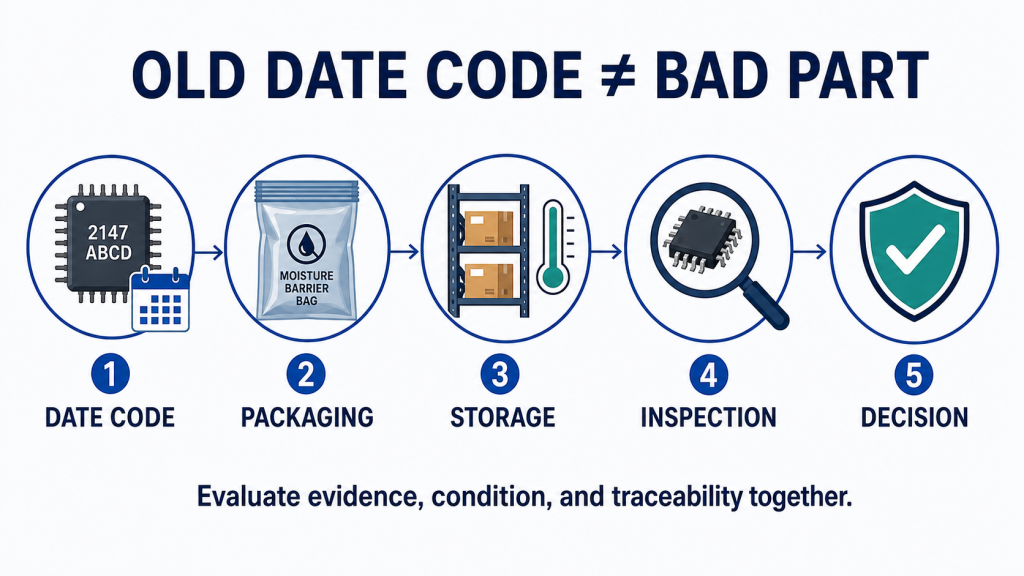 Five-step obsolete component date-code assessment: date code, packaging, storage, inspection and procurement decision