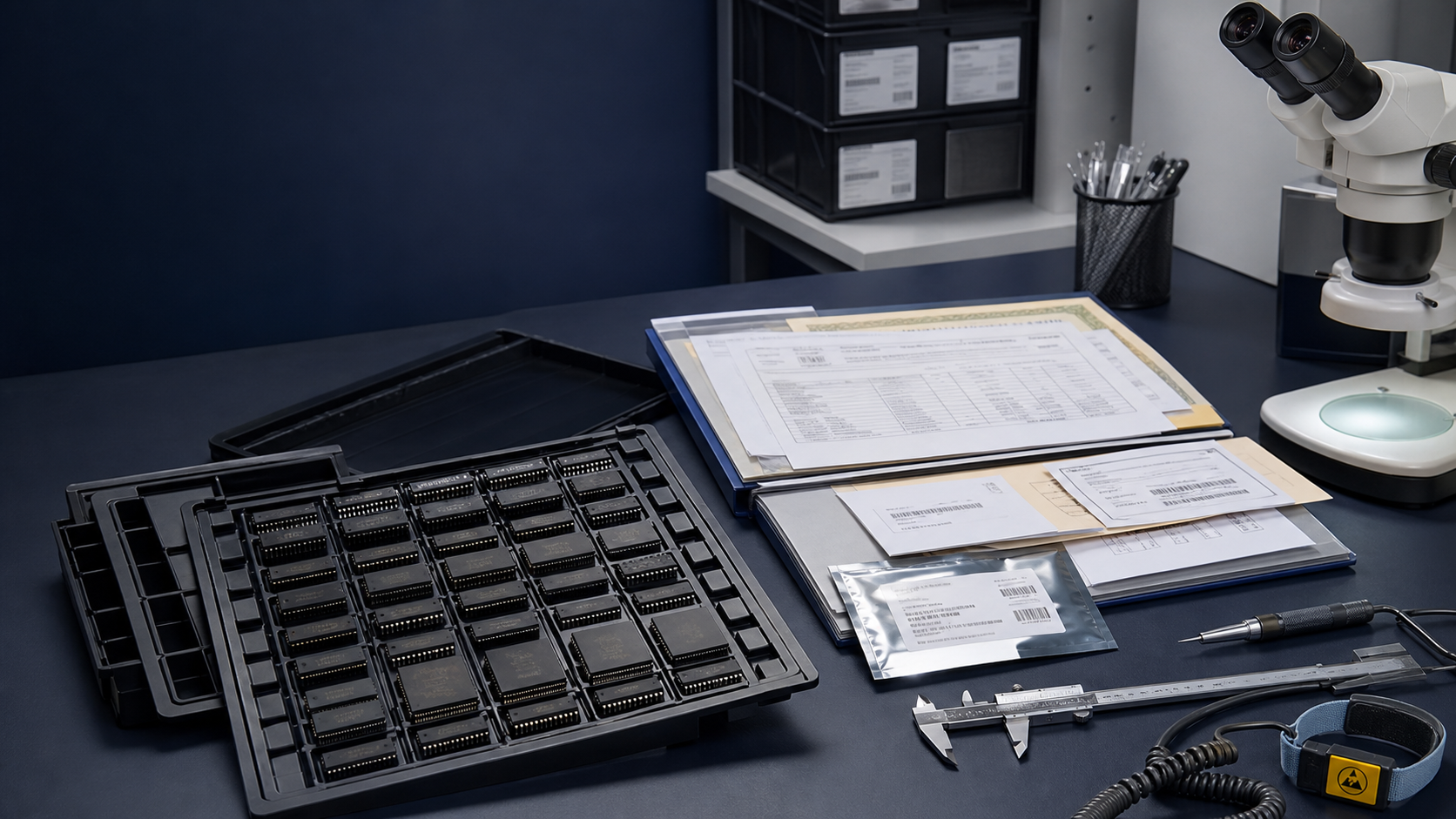 Obsolete integrated circuits with traceability documents and inspection equipment in an electronics quality lab