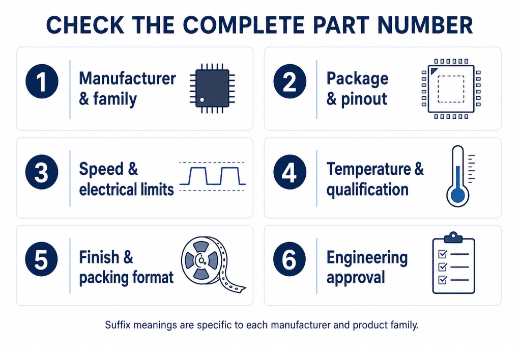 Six checks: manufacturer and family, package and pinout, speed and electrical limits, temperature and qualification, finish and packing format, and engineering approval