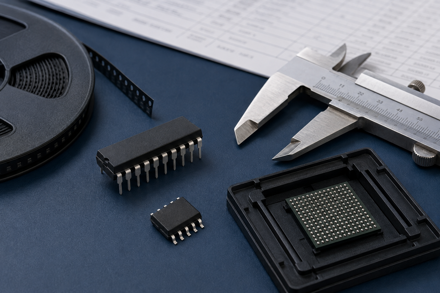 AI-generated illustration of different IC packages, a component reel and a caliper for checking package differences