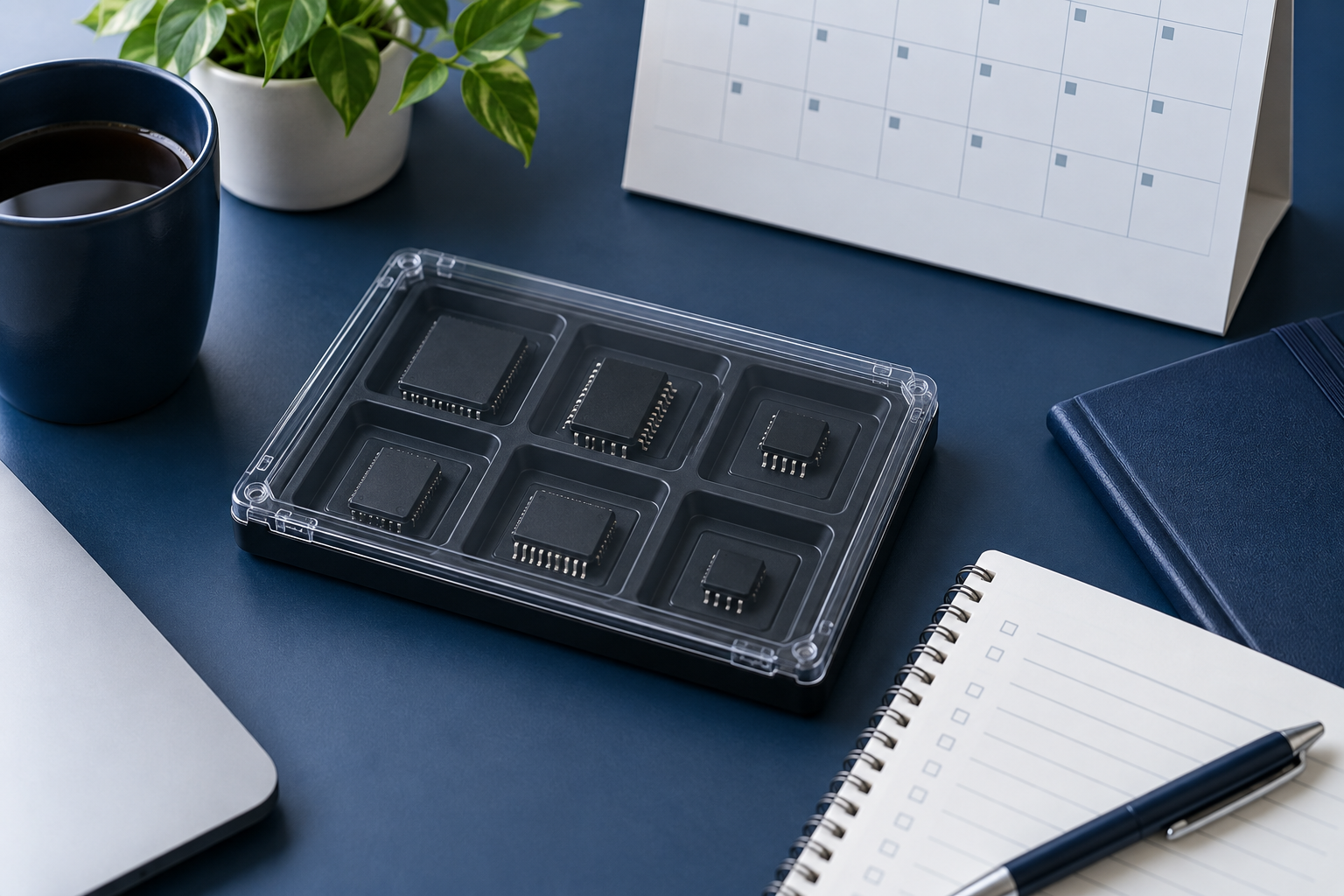 AI-generated illustration of an IC tray, a calendar and a notebook for last-time-buy procurement planning